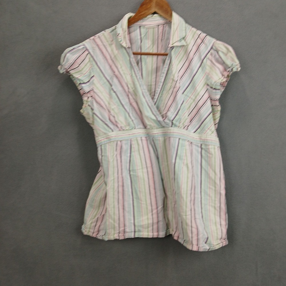 Motherhood Maternity Shirt Womens XL Multi Striped Stretch Cotton Wrap V Neck